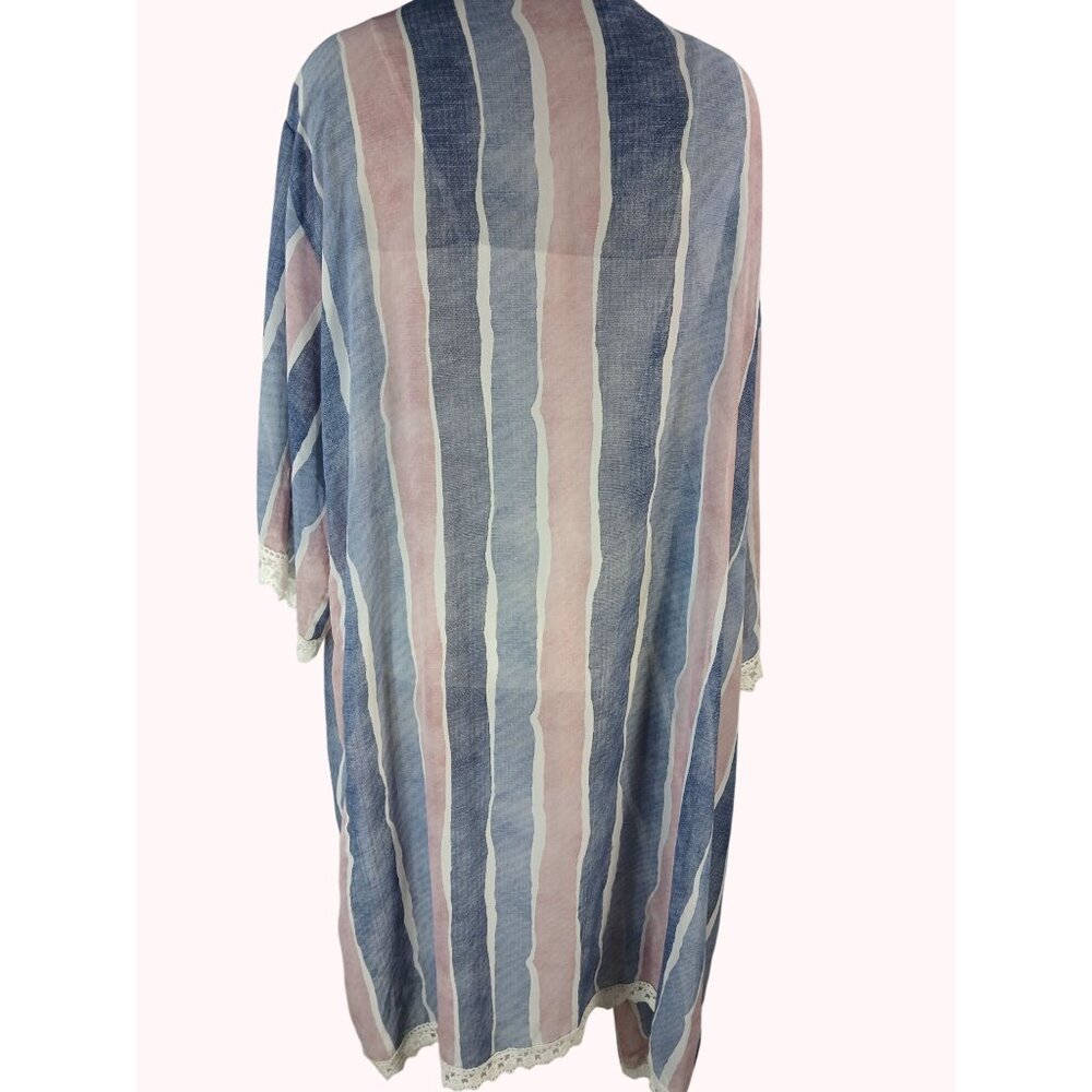 LuLaRoe Chloe Striped Lace Trim Open Kimono Womens Size XL Boho Pink Blue Cover - Picture 9 of 12